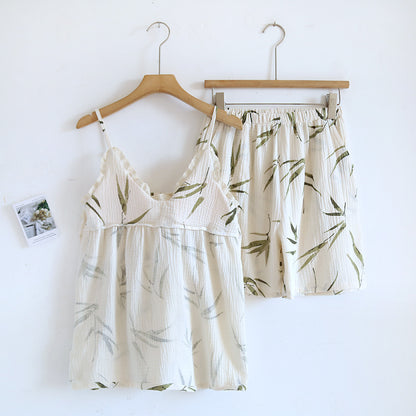 Pure cotton pajamas women's summer crepe sling chest pad two-piece suit sweet cute fresh home wear can be worn outside
