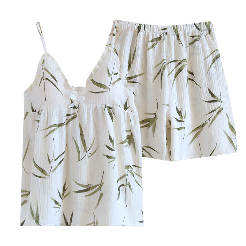 Pure cotton pajamas women's summer crepe sling chest pad two-piece suit sweet cute fresh home wear can be worn outside