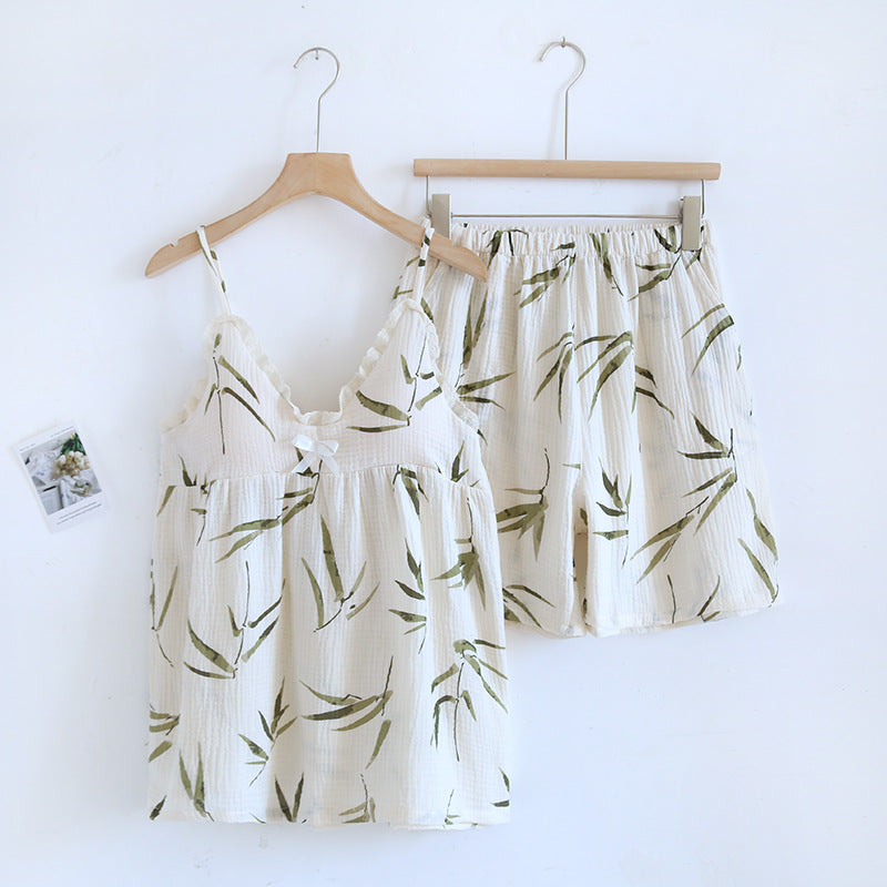Pure cotton pajamas women's summer crepe sling chest pad two-piece suit sweet cute fresh home wear can be worn outside