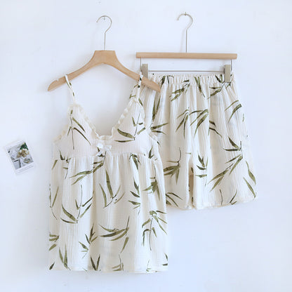 Pure cotton pajamas women's summer crepe sling chest pad two-piece suit sweet cute fresh home wear can be worn outside