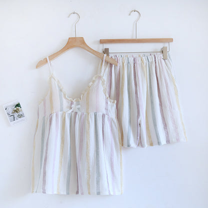 Pure cotton pajamas women's summer crepe sling chest pad two-piece suit sweet cute fresh home wear can be worn outside