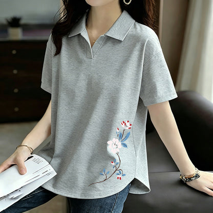 Pure Cotton Short-Sleeved T-Shirt for Women 2026 Summer New Style Loose Large Size Women's Polo Shirt with Artistic Temperament and Base Layering