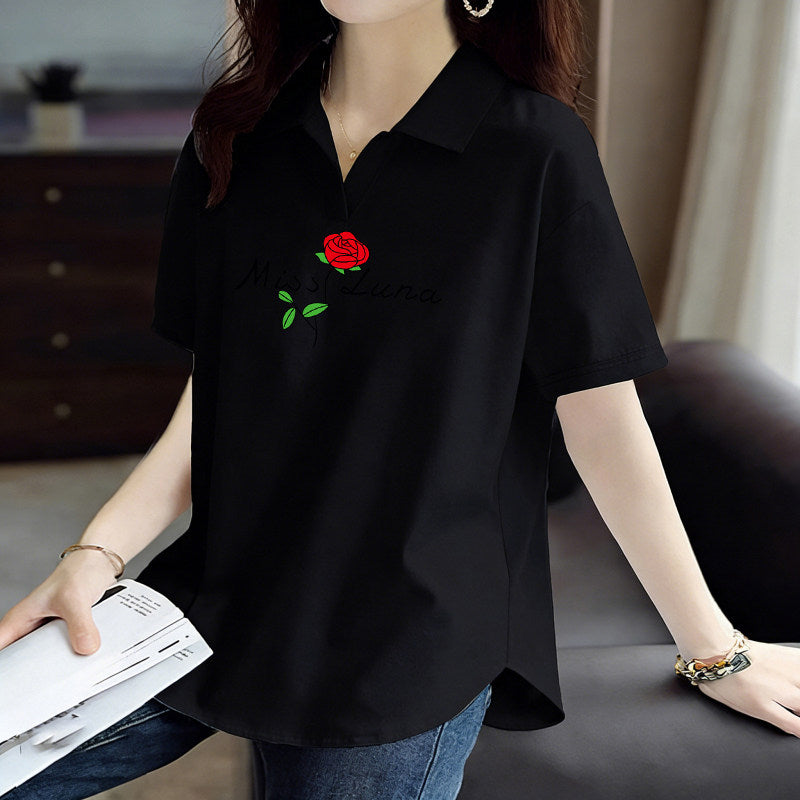 Pure Cotton Short-Sleeved T-Shirt for Women 2026 Summer New Style Loose Large Size Women's Polo Shirt with Artistic Temperament and Base Layering