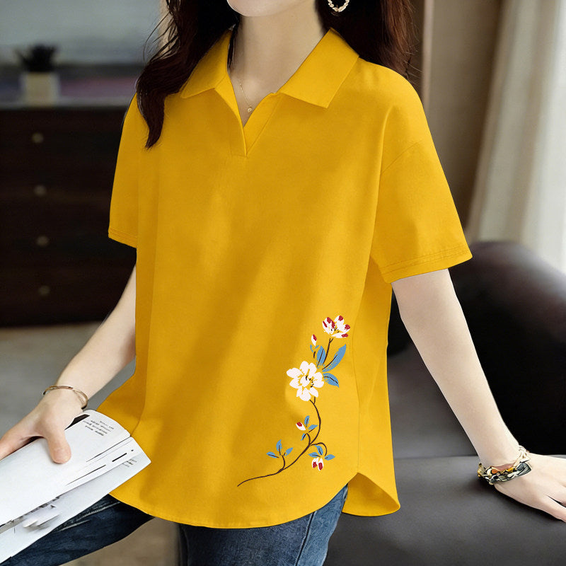 Pure Cotton Short-Sleeved T-Shirt for Women 2026 Summer New Style Loose Large Size Women's Polo Shirt with Artistic Temperament and Base Layering