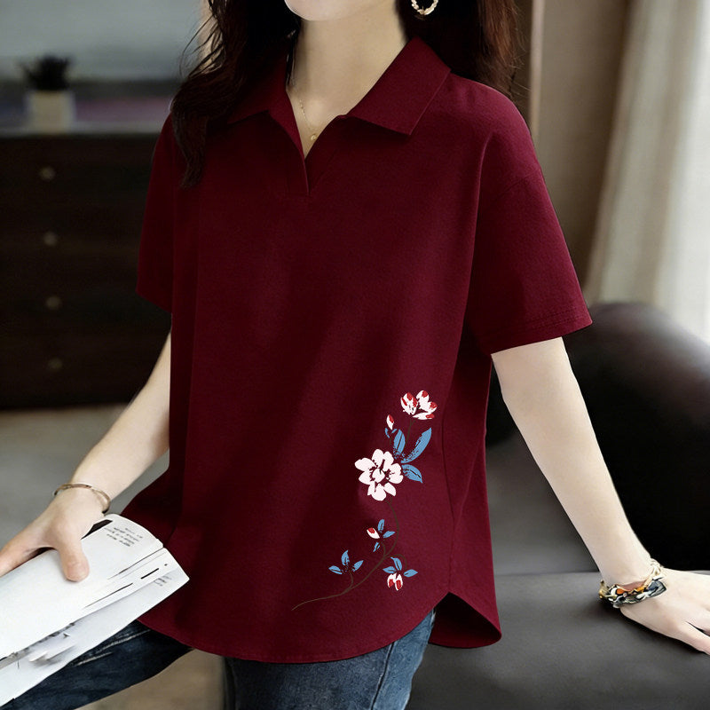 Pure Cotton Short-Sleeved T-Shirt for Women 2026 Summer New Style Loose Large Size Women's Polo Shirt with Artistic Temperament and Base Layering