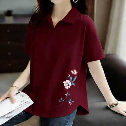 Pure Cotton Short-Sleeved T-Shirt for Women 2026 Summer New Style Loose Large Size Women's Polo Shirt with Artistic Temperament and Base Layering