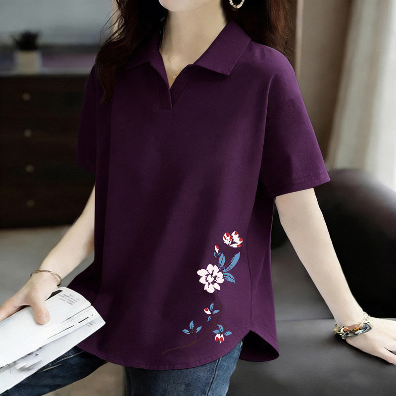 Pure Cotton Short-Sleeved T-Shirt for Women 2026 Summer New Style Loose Large Size Women's Polo Shirt with Artistic Temperament and Base Layering