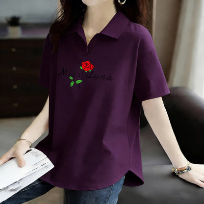 Pure Cotton Short-Sleeved T-Shirt for Women 2026 Summer New Style Loose Large Size Women's Polo Shirt with Artistic Temperament and Base Layering