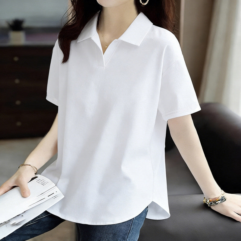 Pure Cotton Short-Sleeved T-Shirt for Women 2026 Summer New Style Loose Large Size Women's Polo Shirt with Artistic Temperament and Base Layering