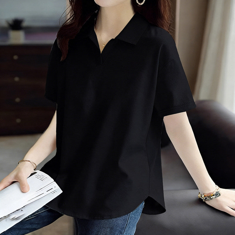 Pure Cotton Short-Sleeved T-Shirt for Women 2026 Summer New Style Loose Large Size Women's Polo Shirt with Artistic Temperament and Base Layering