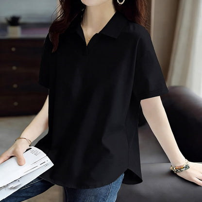 Pure Cotton Short-Sleeved T-Shirt for Women 2026 Summer New Style Loose Large Size Women's Polo Shirt with Artistic Temperament and Base Layering