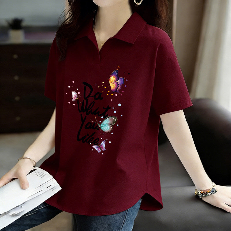 Pure Cotton Short-Sleeved T-Shirt for Women 2026 Summer New Style Loose Large Size Women's Polo Shirt with Artistic Temperament and Base Layering