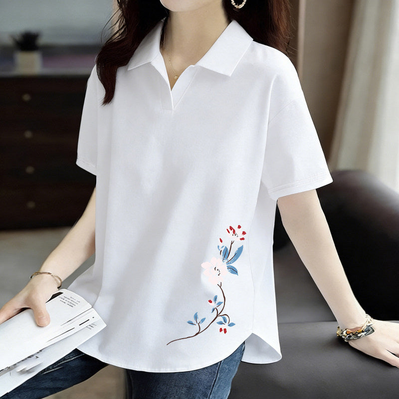 Pure Cotton Short-Sleeved T-Shirt for Women 2026 Summer New Style Loose Large Size Women's Polo Shirt with Artistic Temperament and Base Layering