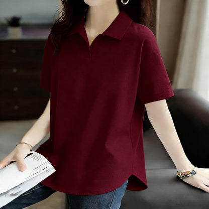 Pure Cotton Short-Sleeved T-Shirt for Women 2026 Summer New Style Loose Large Size Women's Polo Shirt with Artistic Temperament and Base Layering