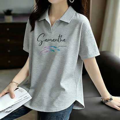 Pure Cotton Summer Korean Style Short-Sleeved Polo Collar Top New Fashion Loose Casual Sports Versatile Large Size T-Shirt for Women