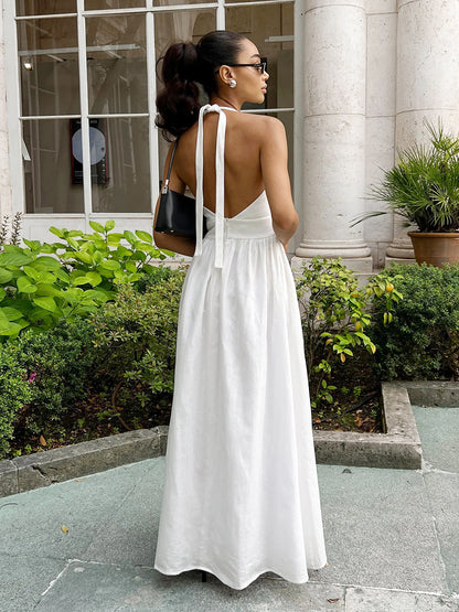 Pure Cotton V-Neck Lace-Up Long Dress