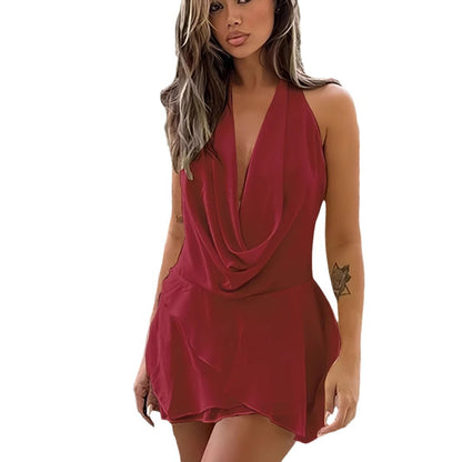 Pure desire hot girl chiffon neck deep V low collar dress autumn and winter new high sense solid color sleeveless skirt