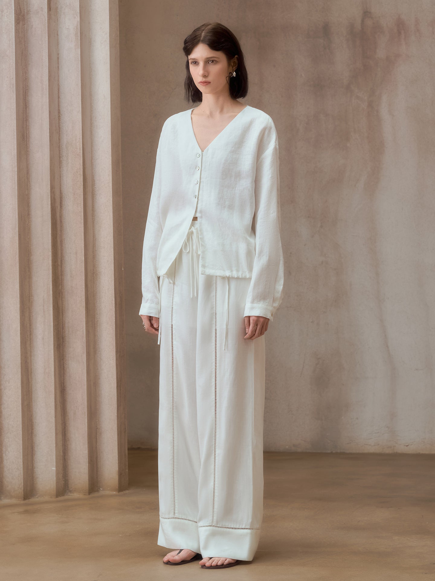 Pure Linen V-Neck Loose Fit Long Sleeve Shirt