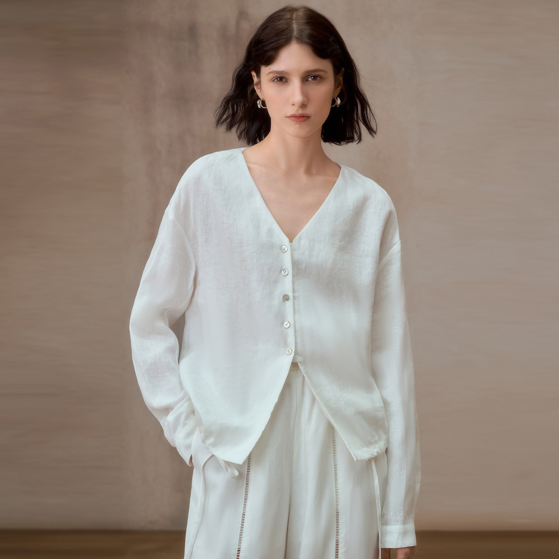 Pure Linen V-Neck Loose Fit Long Sleeve Shirt