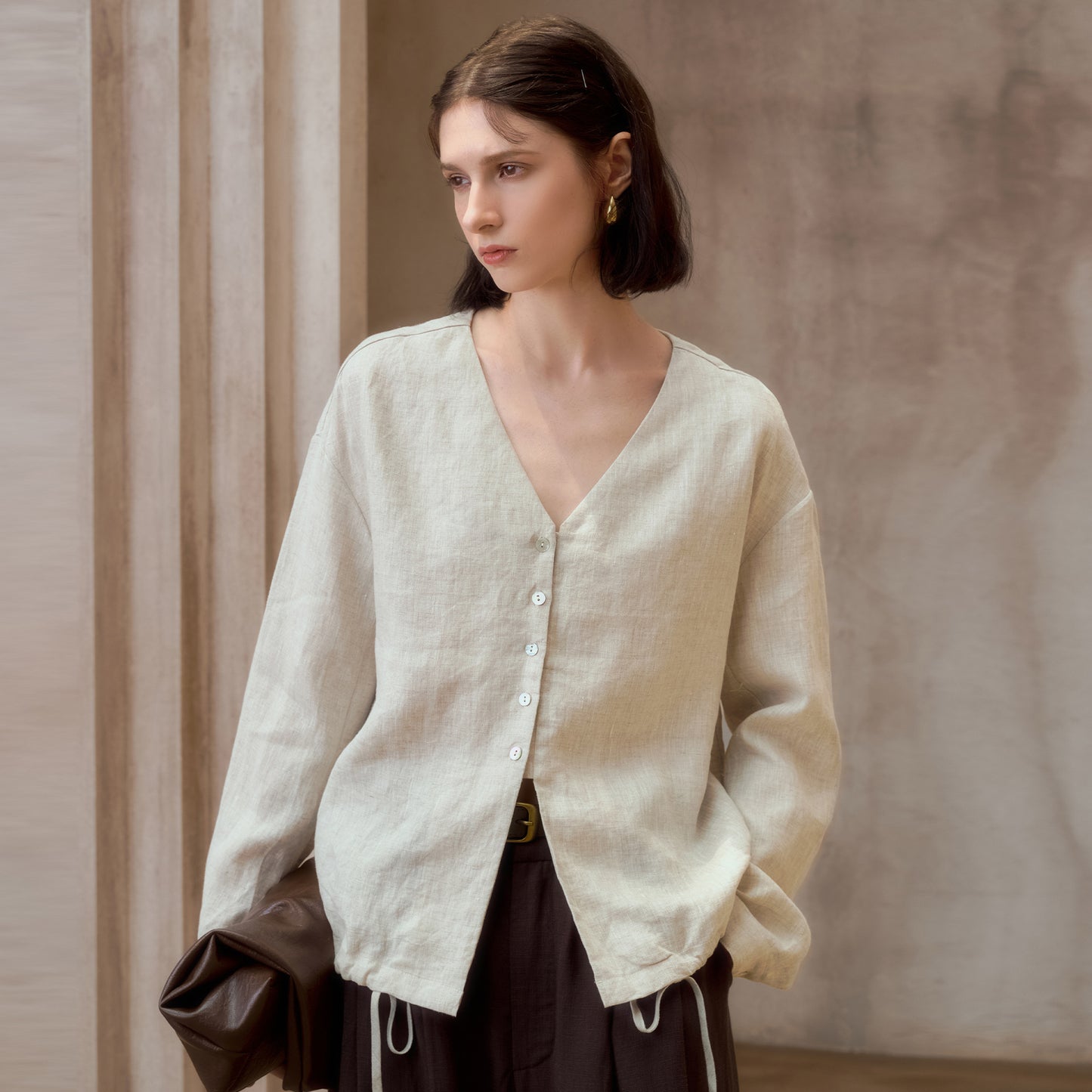 Pure Linen V-Neck Loose Fit Long Sleeve Shirt