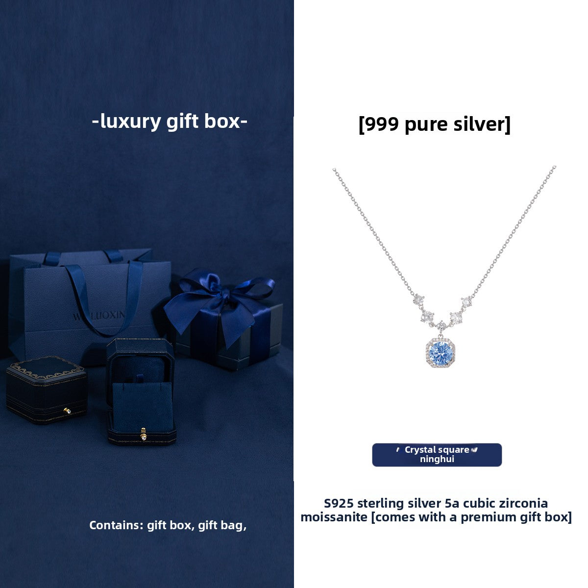 Pure Silver Moissanite Necklace with Gift Box