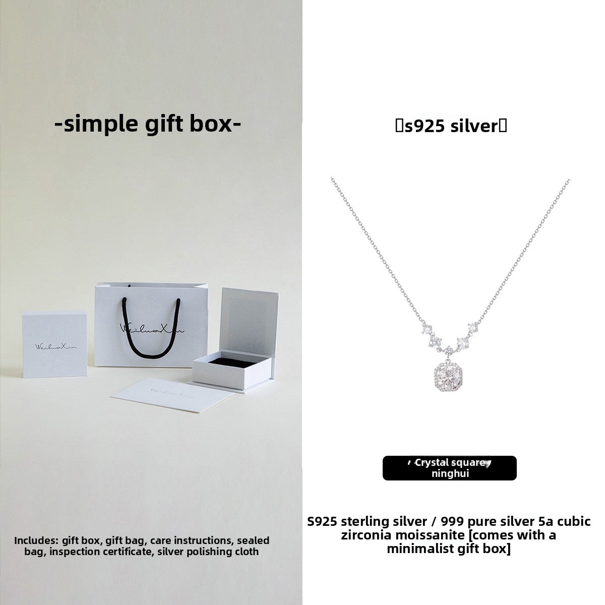 Pure Silver Moissanite Necklace with Gift Box