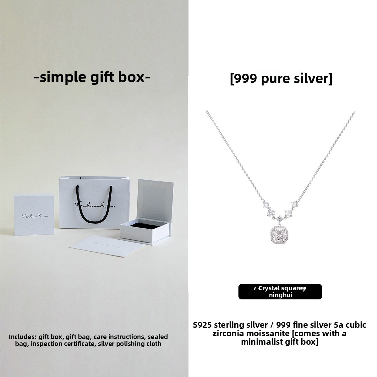 Pure Silver Moissanite Necklace with Gift Box