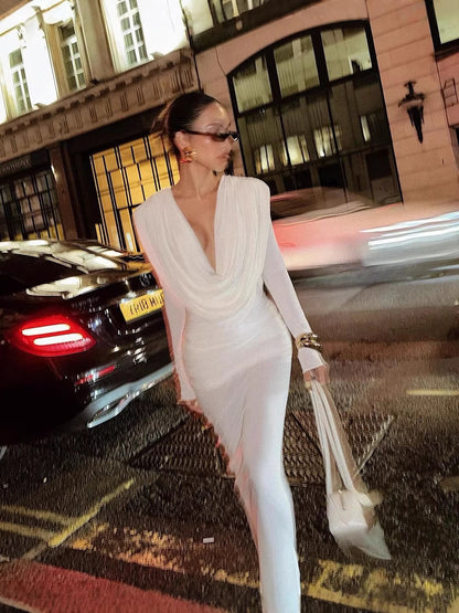 Pure White French Retro Long Skirt Deep V Dress Slimming Look Long Sleeve