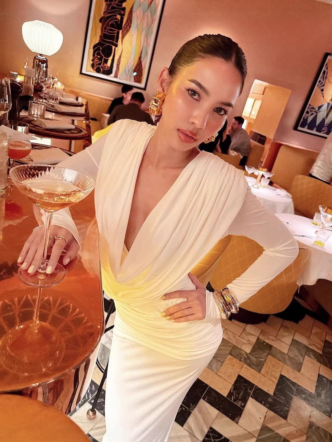 Pure White French Retro Long Skirt Deep V Dress Slimming Look Long Sleeve