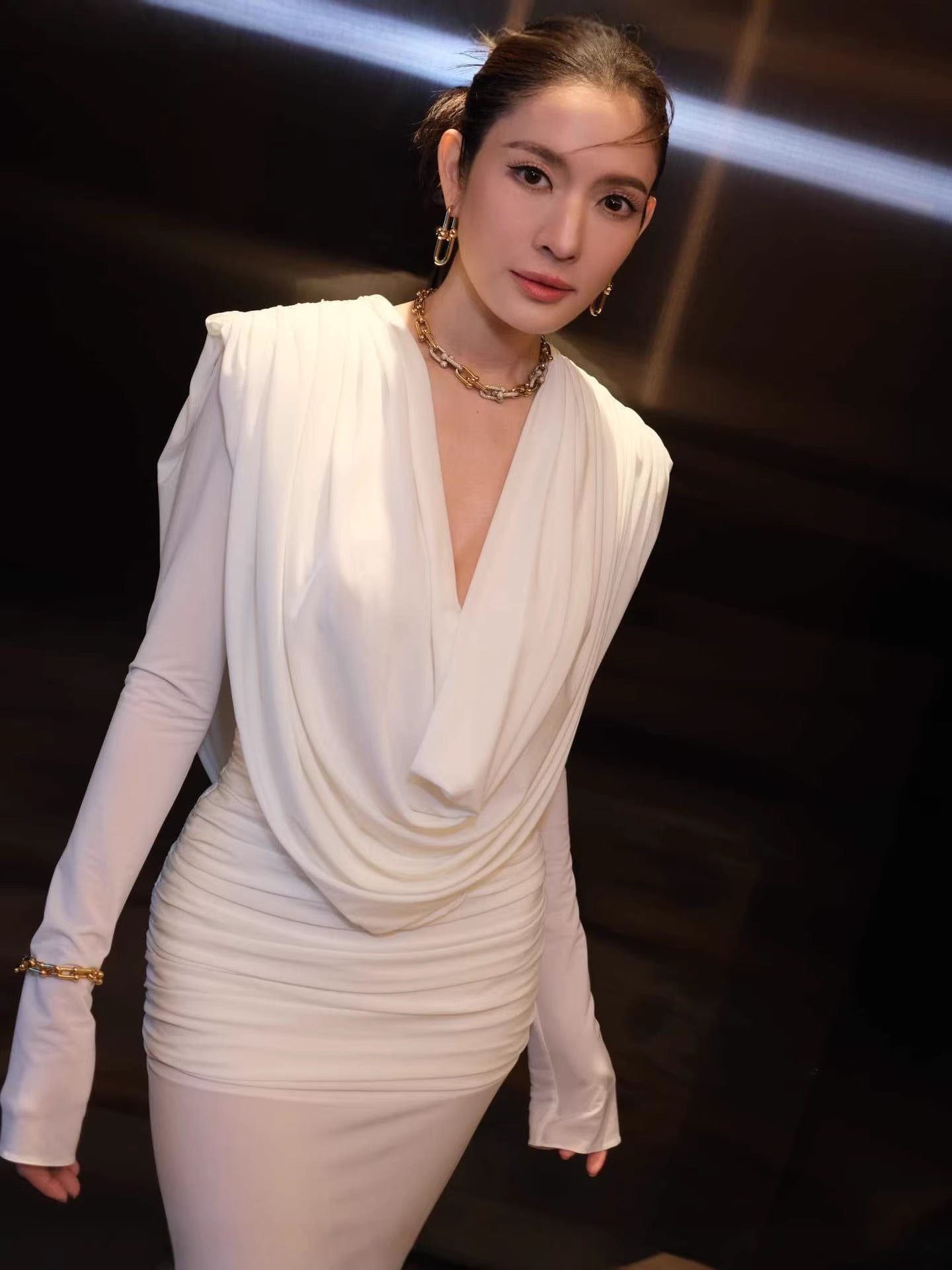 Pure White French Retro Long Skirt Deep V Dress Slimming Look Long Sleeve