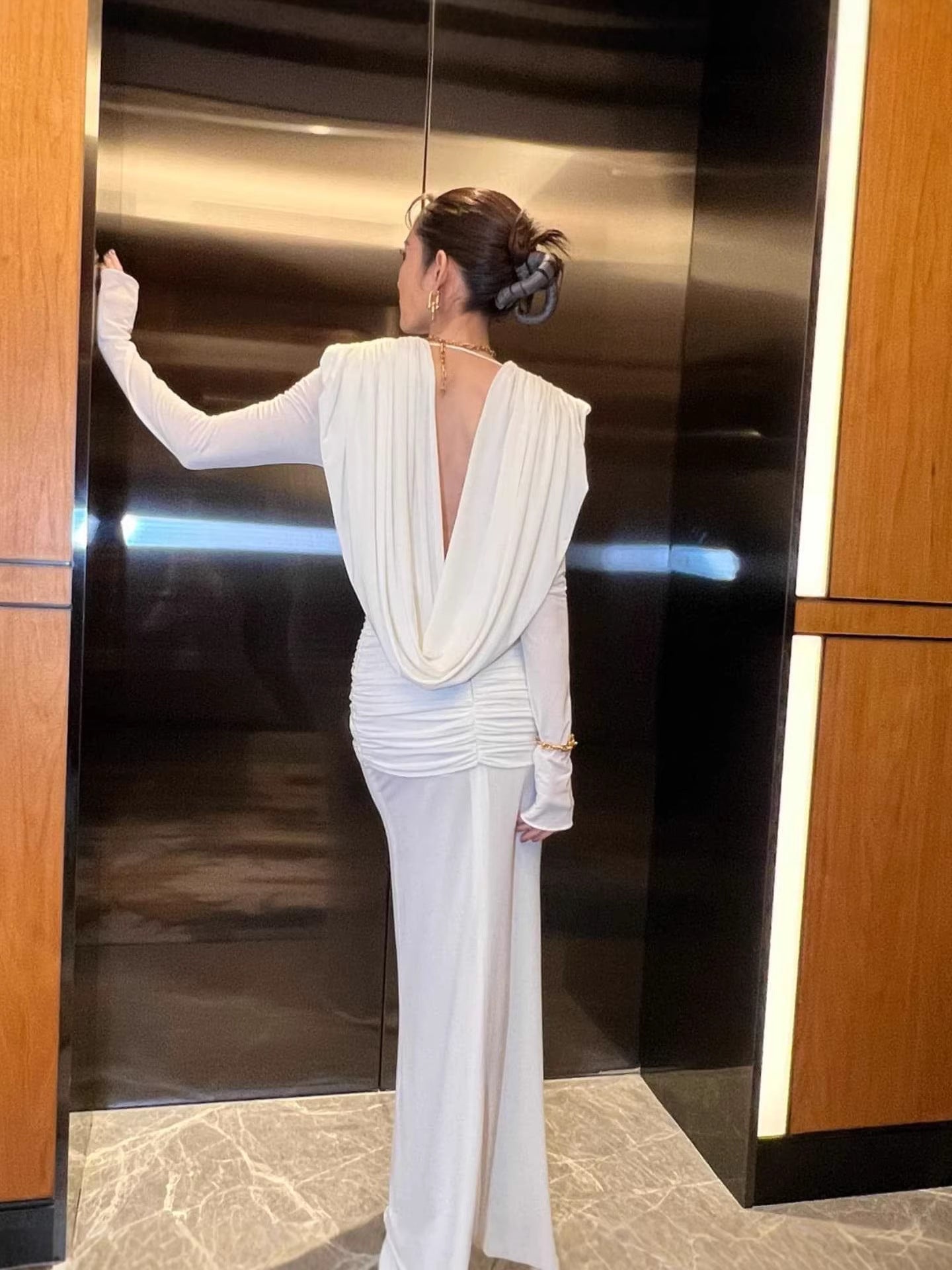 Pure White French Retro Long Skirt Deep V Dress Slimming Look Long Sleeve