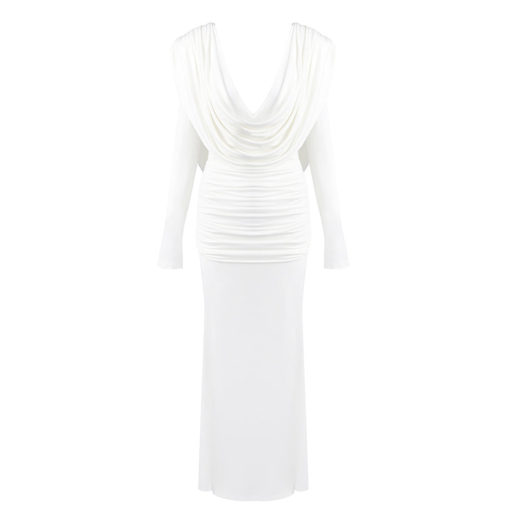 Pure White French Retro Long Skirt Deep V Dress Slimming Look Long Sleeve
