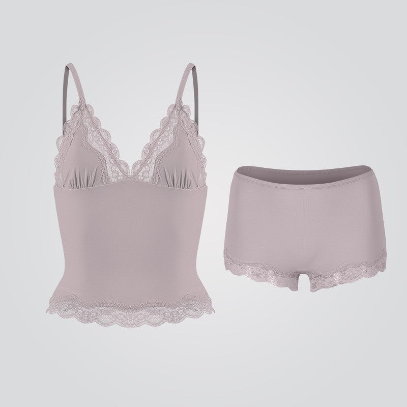 Purely Sensual Lace Trimmed Camisole Panties Set Deep V Neck Loungewear