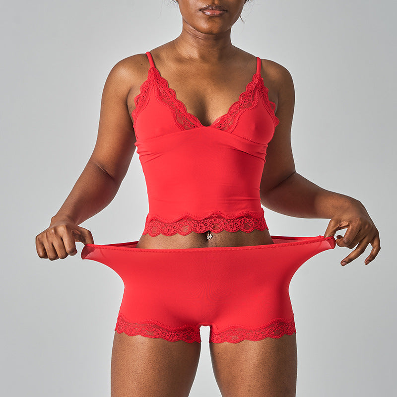 Purely Sensual Lace Trimmed Camisole Panties Set Deep V Neck Loungewear