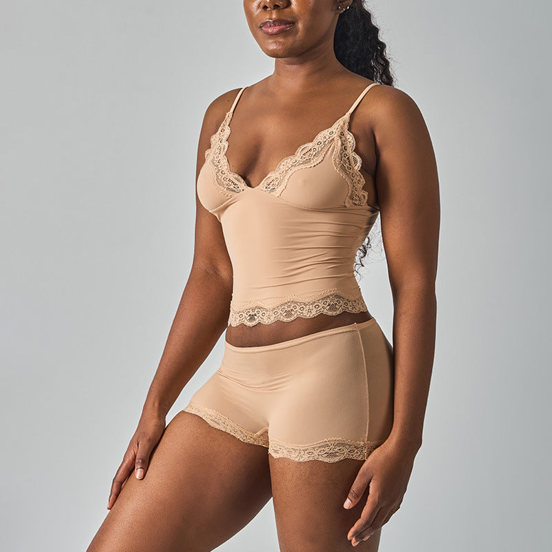 Purely Sensual Lace Trimmed Camisole Panties Set Deep V Neck Loungewear
