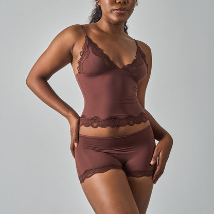 Purely Sensual Lace Trimmed Camisole Panties Set Deep V Neck Loungewear