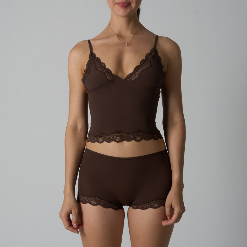 Purely Sensual Lace Trimmed Camisole Panties Set Deep V Neck Loungewear