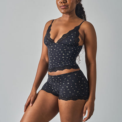 Purely Sensual Lace Trimmed Camisole Panties Set Deep V Neck Loungewear