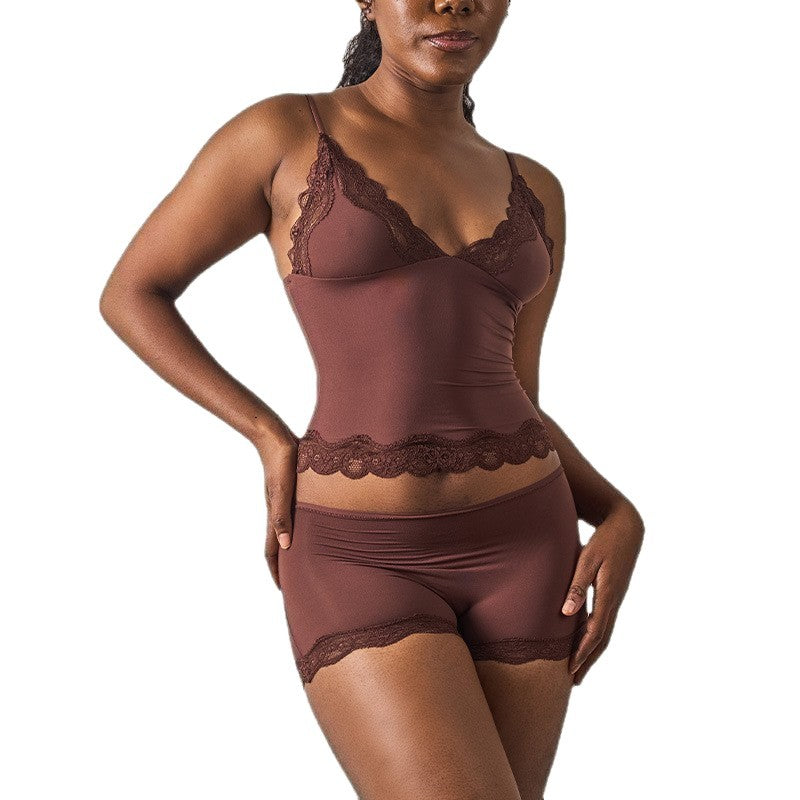 Purely Sensual Lace Trimmed Camisole Panties Set Deep V Neck Loungewear