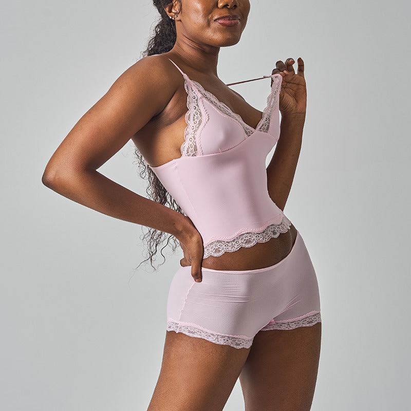 Purely Sensual Lace Trimmed Camisole Panties Set Deep V Neck Loungewear