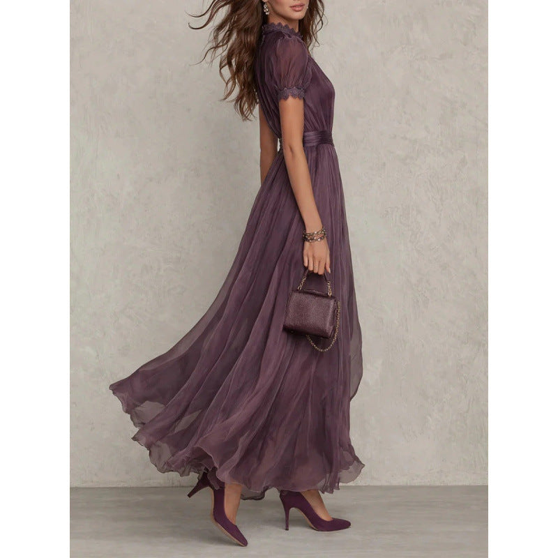 Purple Lace Trim Chiffon Dress