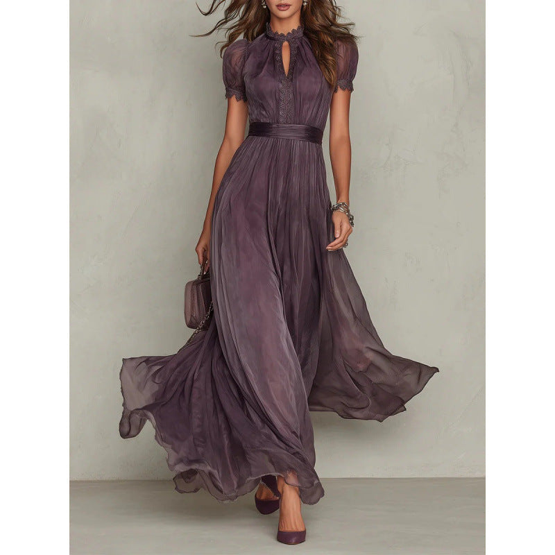 Purple Lace Trim Chiffon Dress