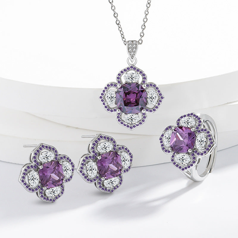 Purple Zircon Four Leaf Clover Jewelry Set