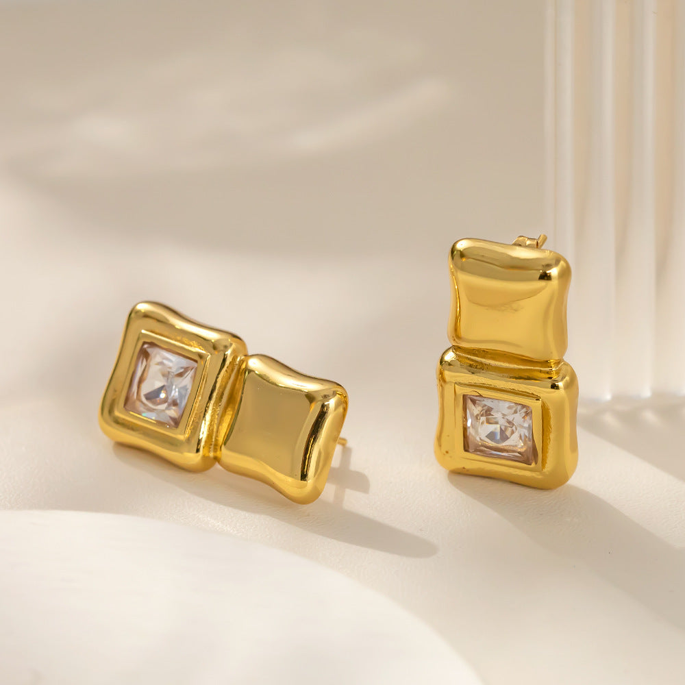 Quadrilateral silver needle earrings