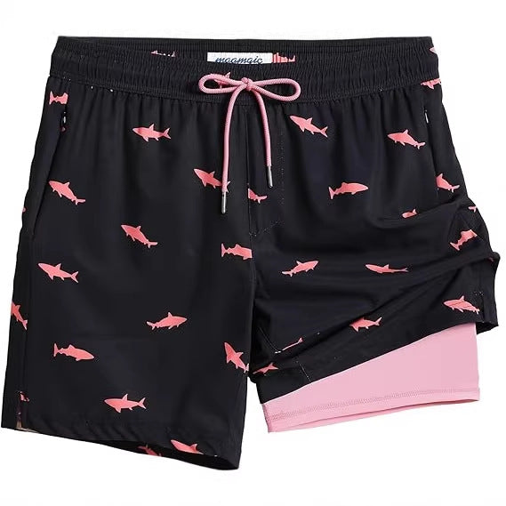 Quick-drying shorts with inner lining and shark-print design