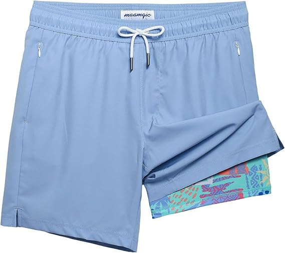 Quick-drying shorts with inner lining and shark-print design