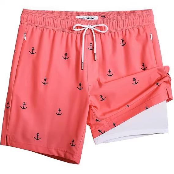 Quick-drying shorts with inner lining and shark-print design
