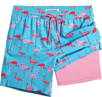 Quick-drying shorts with inner lining and shark-print design