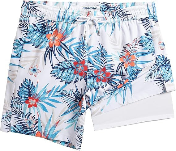 Quick-drying shorts with inner lining and shark-print design