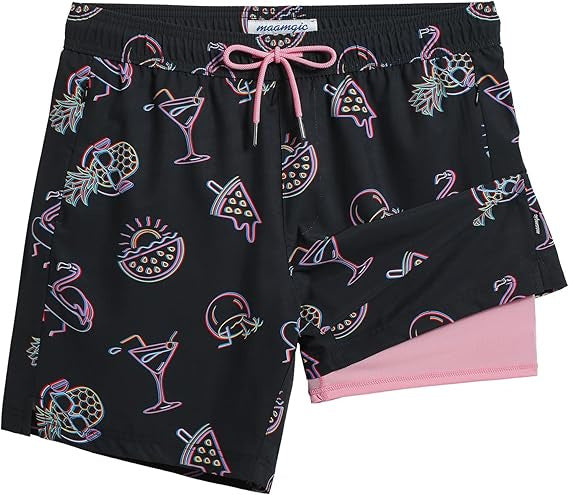 Quick-drying shorts with inner lining and shark-print design